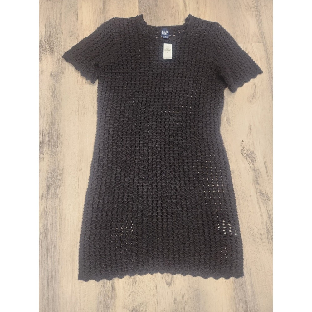 Gap Dress Crochet Open Knit Cotton Black Coastal Hamptons Preppy Classic Boho M